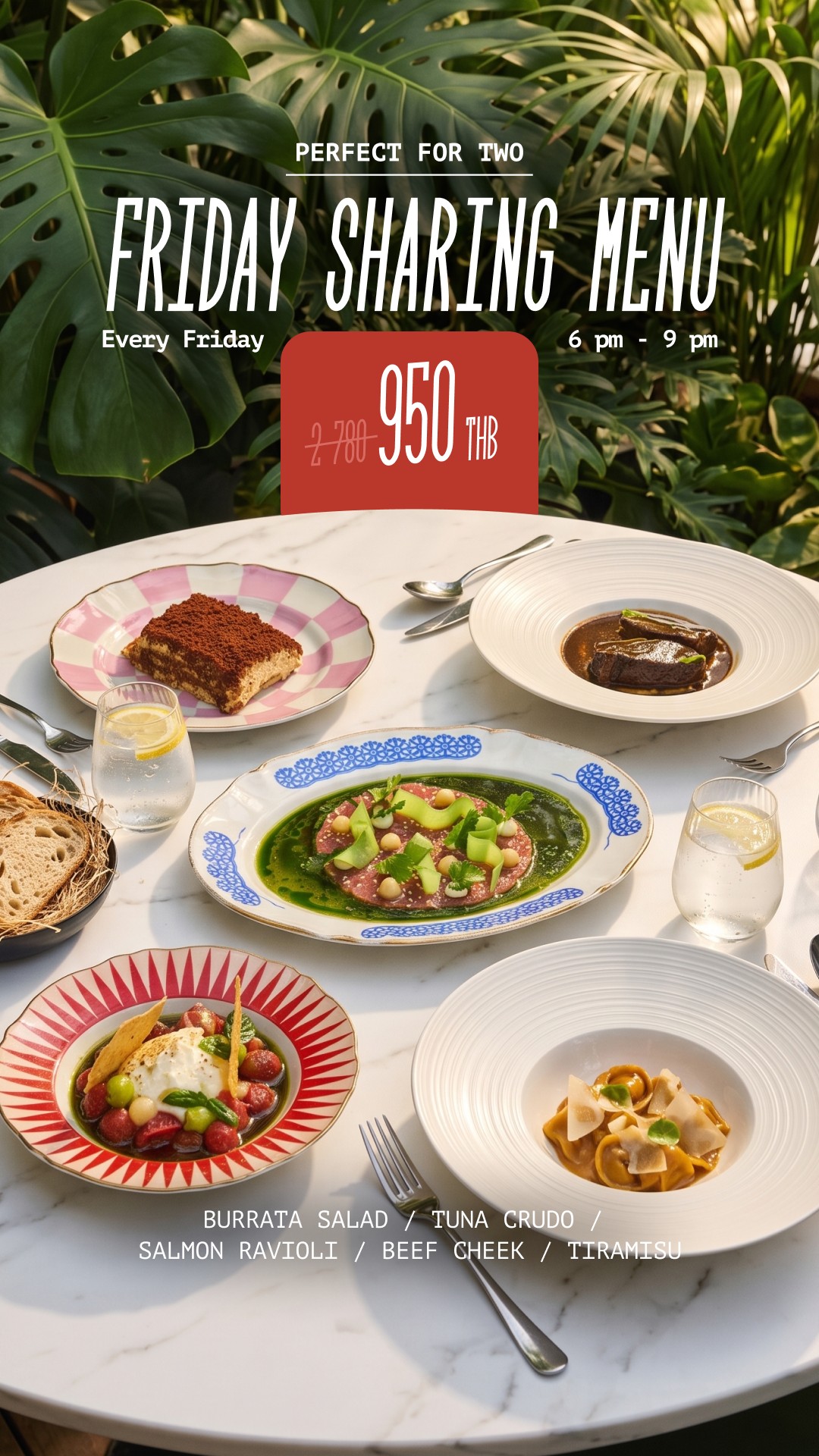 Friday Sharing Menu at ETNA: burrata salad, tuna crudo, salmon ravioli, beef cheek and tiramisu